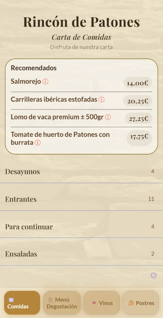 Carta digital de El Rincón de Patones en el móvil: platos recomendados con precio y secciones de la carta