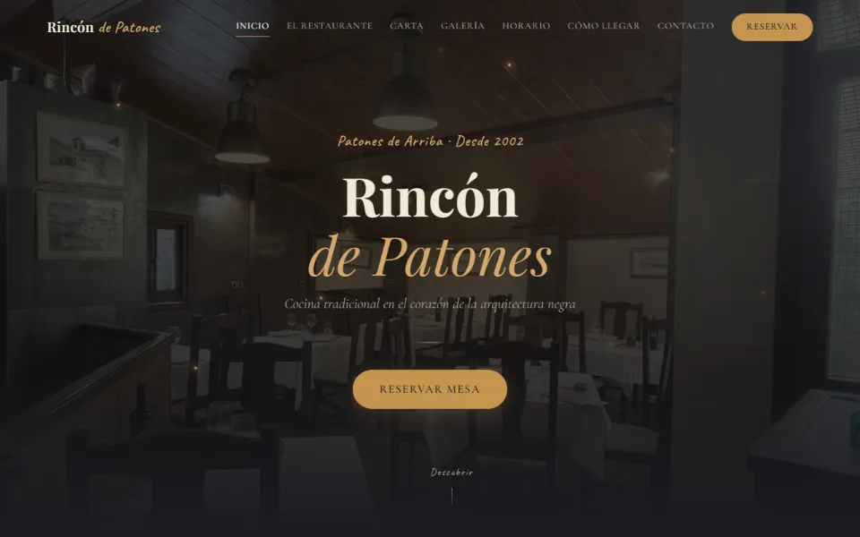 Portada de la web de El Rincón de Patones: el comedor del restaurante con el botón Reservar mesa